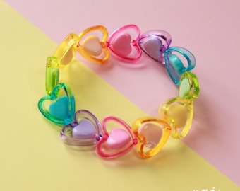 Pastellfarbenes Regenbogenherz-Perlenarmband – Kawaii-Armbänder – Fairy Kei – Decora
