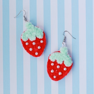 Small red strawberry earrings, cute earrings, fairy kei earrings, kawaii earrings, japanese fashion, crochet earrings