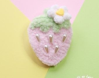 Pink large strawberry brooch, strawberry plushie pin, cute brooch, cute pin, fairy kei pin, kawaii pin, japanese fashion, crochet brooch