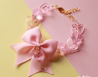 Pulseira de coração de cristal rosa com laço - pulseiras kawaii - fairy kei - decora