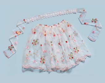 Embroidered strawberry overskirt with waist ties - EGL fashion accessory - cute strawberry, cake and ribbon design
