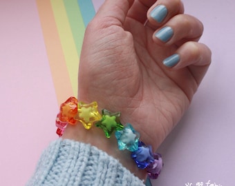 Bright rainbow star bead bracelet 14mm - kawaii bracelets - fairy kei - decora