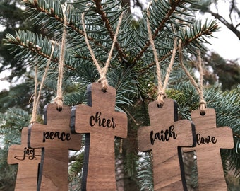 Set of 5 Wooden Crosses Christmas Tree Ornaments