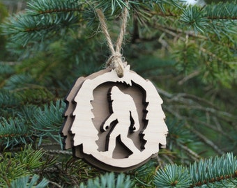 Squatch in the Forest Wooden Christmas Ornament Bigfoot Decoration