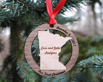 Personalized State Christmas Ornament ANY STATE, COUNTRY or Island Baby's First Christmas, Our First Home, Wedding Gift, Destination Wedding