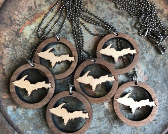 READY to SHIP Wooden Upper Peninsula Michigan Necklace UP