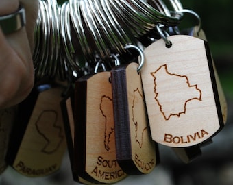 South America Keychain ANY Country Brazil, Argentina, Colombia, Peru, Chile, Venezuela