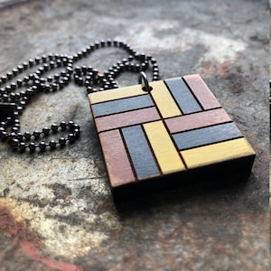 Basket Weave Quilt Block Pendant Necklace Brown Black and Yellow Mosaic