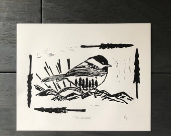 Chickadee Linoleum Block Print