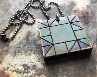 Whirlwind Quilt Block Pendant Necklace Blue and Green Mosaic