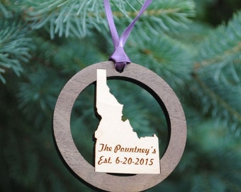 Personalized State Christmas Ornament ANY STATE, COUNTRY Our First Christmas, Destination Wedding Gift, Mr and Mrs Newlyweds Country Wedding