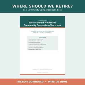 May include: A digital workbook titled Where Should We Retire? 55+ Community Comparison Workbook. The document features a dark green header, white background, and a list of contents including a priorities worksheet, scorecards, and cost of living.