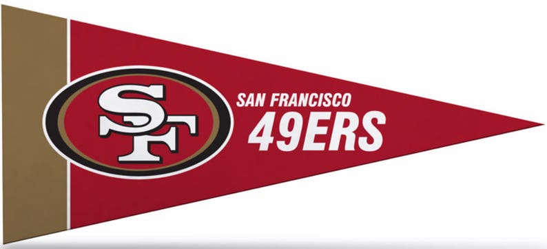 以下が含まれることがあります： サンフランシスコ・フォーティナイナーズのロゴと「SAN FRANCISCO 49ERS」の文字が書かれた赤と金のペナントです。