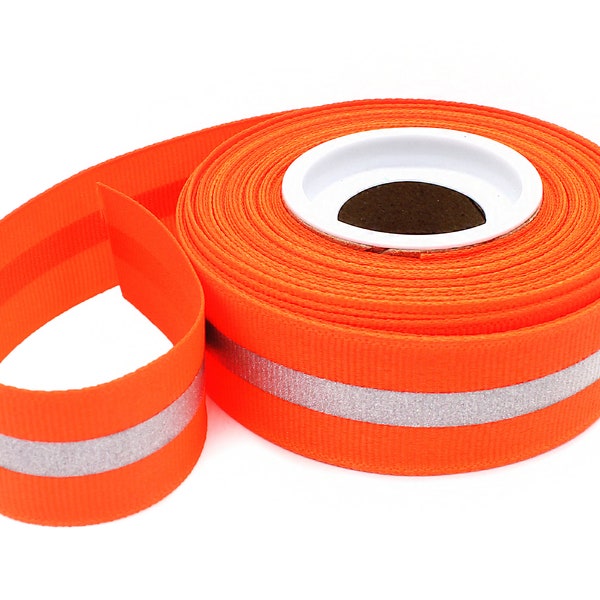 7/8" Neon Orange Reflective Glo Grosgrain Ribbon - 1/4" 3M Silver Reflective Stripe  -100% Polyester / Sports - Made in USA