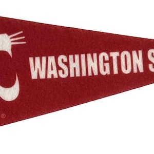 May include: A maroon pennant with the words "WASHINGTON STATE" in white. The pennant features a white cougar logo on the left side and a white vertical stripe on the left edge. The pennant is triangular in shape.