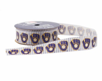 Offray MLB Milwaukee Brewers Fabric Ribbon, 7/8-Inch by 9-Feet, White/Blue - Licensed by Offray