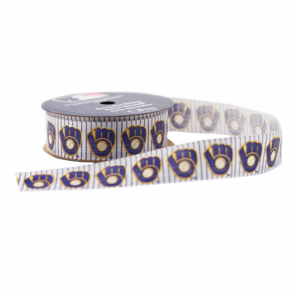 Offray MLB Milwaukee Brewers Fabric Ribbon, 7/8-Inch by 9-Feet, White/Blue - Licensed by Offray
