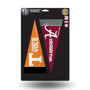 May include: A set of two mini pennants featuring the logos of the Alabama Crimson Tide and the Tennessee Vols. The pennants are red and orange with black trim and the SEC logo is in the top right corner.