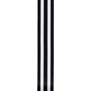 May include: Black and white striped ribbon. The ribbon is thin and has two white stripes against a black background.
