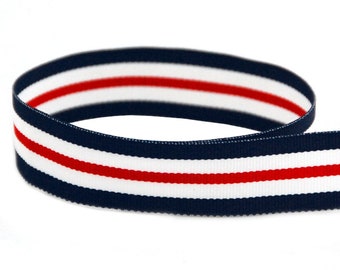 7/8" Red, White, Navy Grosgrain Ribbon Stripes, Nautical Stripes - Made in USA