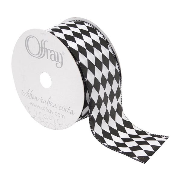 2-1/2" Offray Wired Edge Harlequin Diamond Pattern Ribbon, Black and White - Court Jester