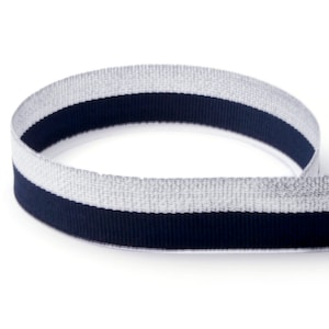 3/4&quot; Navy / Metallic Silver Shimmer Bi-Stripe Grosgrain Ribbon - Made in USA
