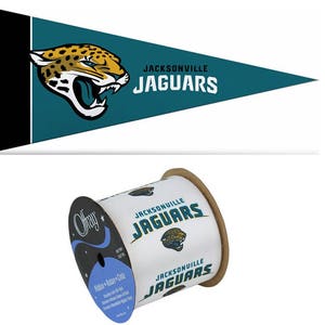 May include: A teal and black pennant with a jaguar head logo and the text "JACKSONVILLE JAGUARS". A roll of white ribbon with the same logo is also shown.