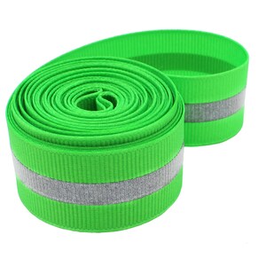 NEON GREEN Reflective Glo Grosgrain Ribbon - Silver Reflective Stripe  -100% Polyester / Sports / Safety Ribbon