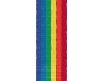 May include: A rainbow ribbon with stripes of red, orange, yellow, green, blue, and indigo.