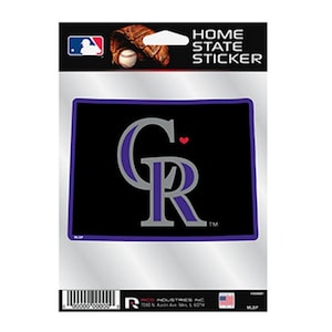 May include: A black and purple Colorado Rockies home state sticker with the team logo and a red heart. The sticker says "Home State Sticker" at the top.