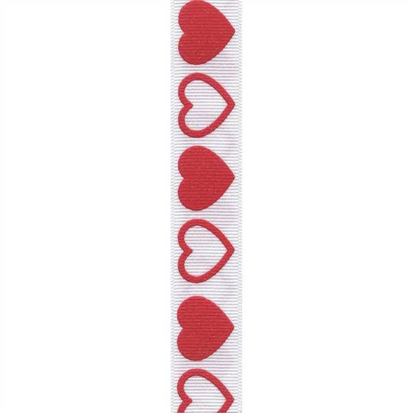 7/8" White Grosgrain Ribbon with Red Hearts - Valentines Day/ Anniversary