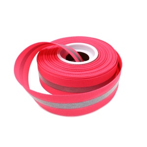 5/8&quot; Neon Pink Reflective Glo Grosgrain Ribbon - 1/4&quot; Silver Reflective Stripe  -100% Polyester - Safety / Dog Collars