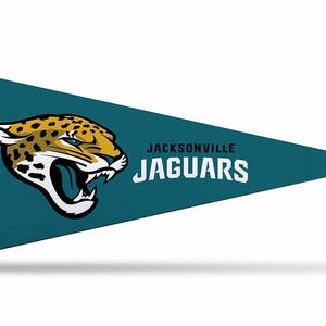 May include: A teal blue pennant with a black and white border. The pennant features a yellow and brown jaguar head with a white background. The text "JACKSONVILLE JAGUARS" is printed in white on the pennant.