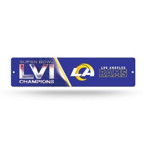 Könnte beinhalten: Ein blaues und goldenes Super Bowl LVI Champions Schild mit dem Logo der Los Angeles Rams und dem Text "Los Angeles Rams".