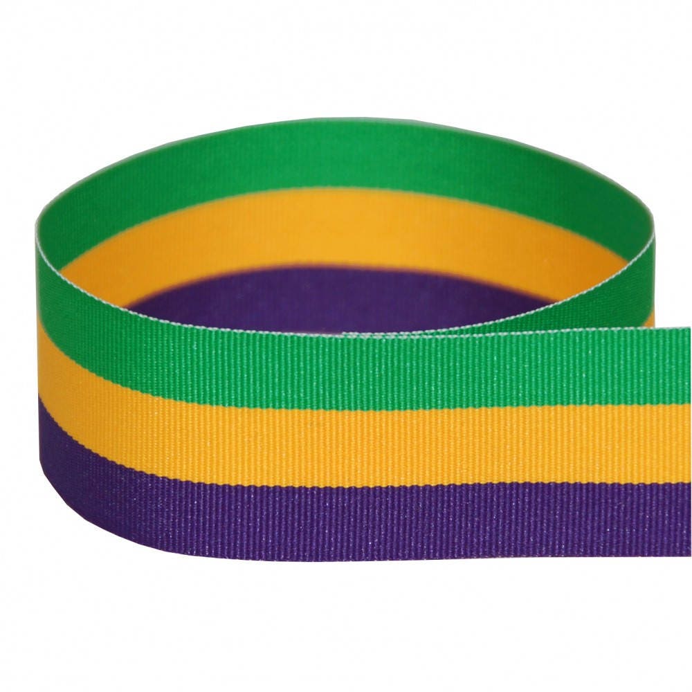 Mardi Gras argyle ribbon in purple green and yellow printed on 1.5 white  single face satin and grosgrain