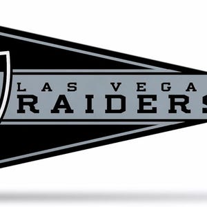 May include: A triangular black and grey pennant featuring the Las Vegas Raiders logo on the left side, which depicts a football player wearing an eye patch and helmet, with the text LAS VEGAS RAIDERS printed in black on a grey horizontal stripe.