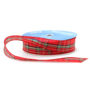 1.5" WIRED Holiday PLAID RIBBON For Christmas  - Red / Green / Metallic Gold / White Stripes Ribbon - 50 yards Wired Clarkston Ribbon