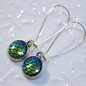 Mermaid Earrings in Navy Blue Mermaid Scale on Whimsical Silver Kidney Ear Wire Drop Earrings image 1