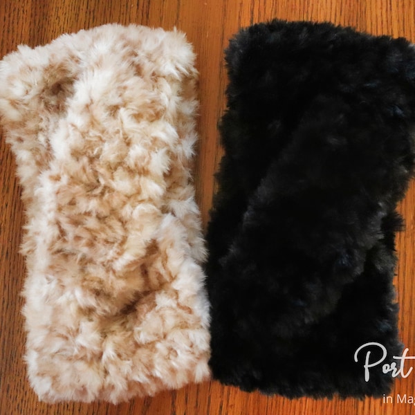 Handmade Faux Fur Ear Warmer Luxurious Wide  Crochet Headband - Super soft, warm, stylish and cozy!  Black or Beige/Brown