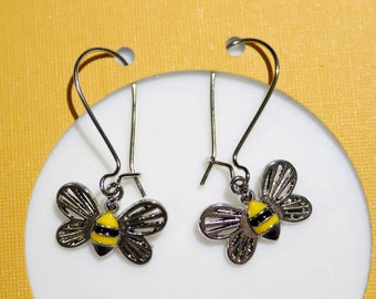 Bumble Bee Earrings  - Silver Tone with Yellow and Black Enamel