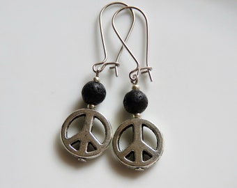 Boucles d'oreilles Peace avec perles de roche de lave noire pour vos huiles essentielles