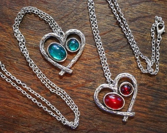 Heart Pendant Necklace with Ruby Red or Emerald Green Glass Accents on 18" Silver Plated Chain