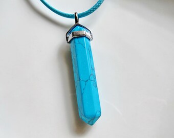 Large Dark Turquoise Howlite Pencil Point Pendant Necklace on light blue cord