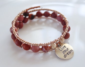 Live Your Dream Beaded Bangle Memory Wire Bracelet - Matte Brecciated Jasper Beads with White Howlite Accents