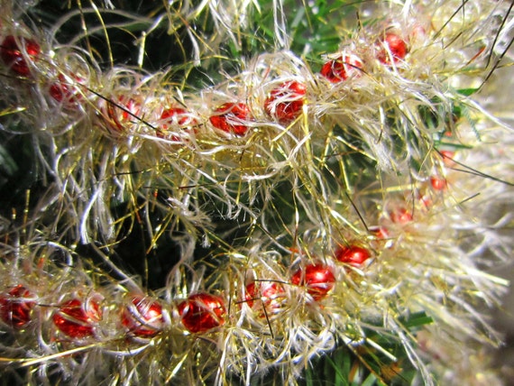 ON SALE 20% OFF - Crocheted Christmas Beaded Garland - Red Metallic Beads with Light Gold Faux Fur Metallic Yarn - 9 feet Il_570xn