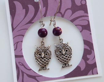 Delicate Wise Owl Earrings with Purple Calsilica Jasper Beads in Purple, Cream and Mint Green - Dangle Drop Earrings in Silver Tone