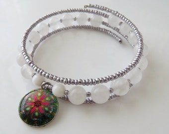 Mandala Bracelet - White Jade and Pure White Tridacna Beads Memory Wire Bangle Bracelet with Enamel Mandala Charm