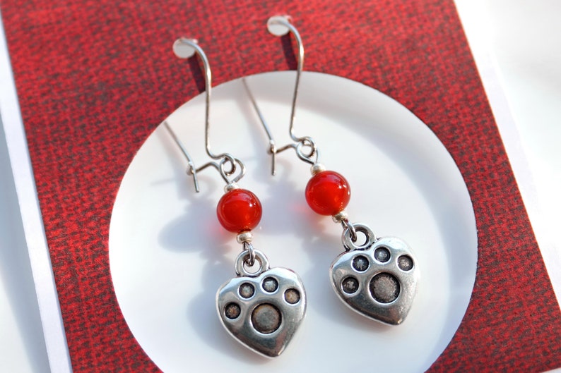 Animal Lovers/' Dangle Drop Earrings Heart Charms with Paw Prints and Red Carnelian Beads