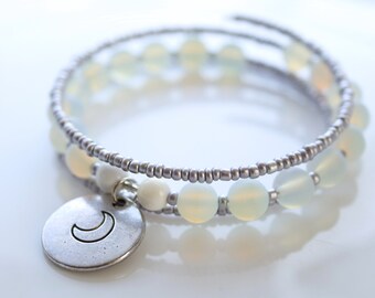 Moon & Dream Beaded Bangle Bracelet - Matte Opalite Beads and White Tridacna Accents Memory Wire Bangle