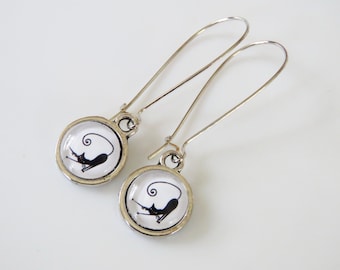 Cat Cabochon Earrings - Black on White - on Whimsical Silver Kidney Ear Wire Drop Earrings